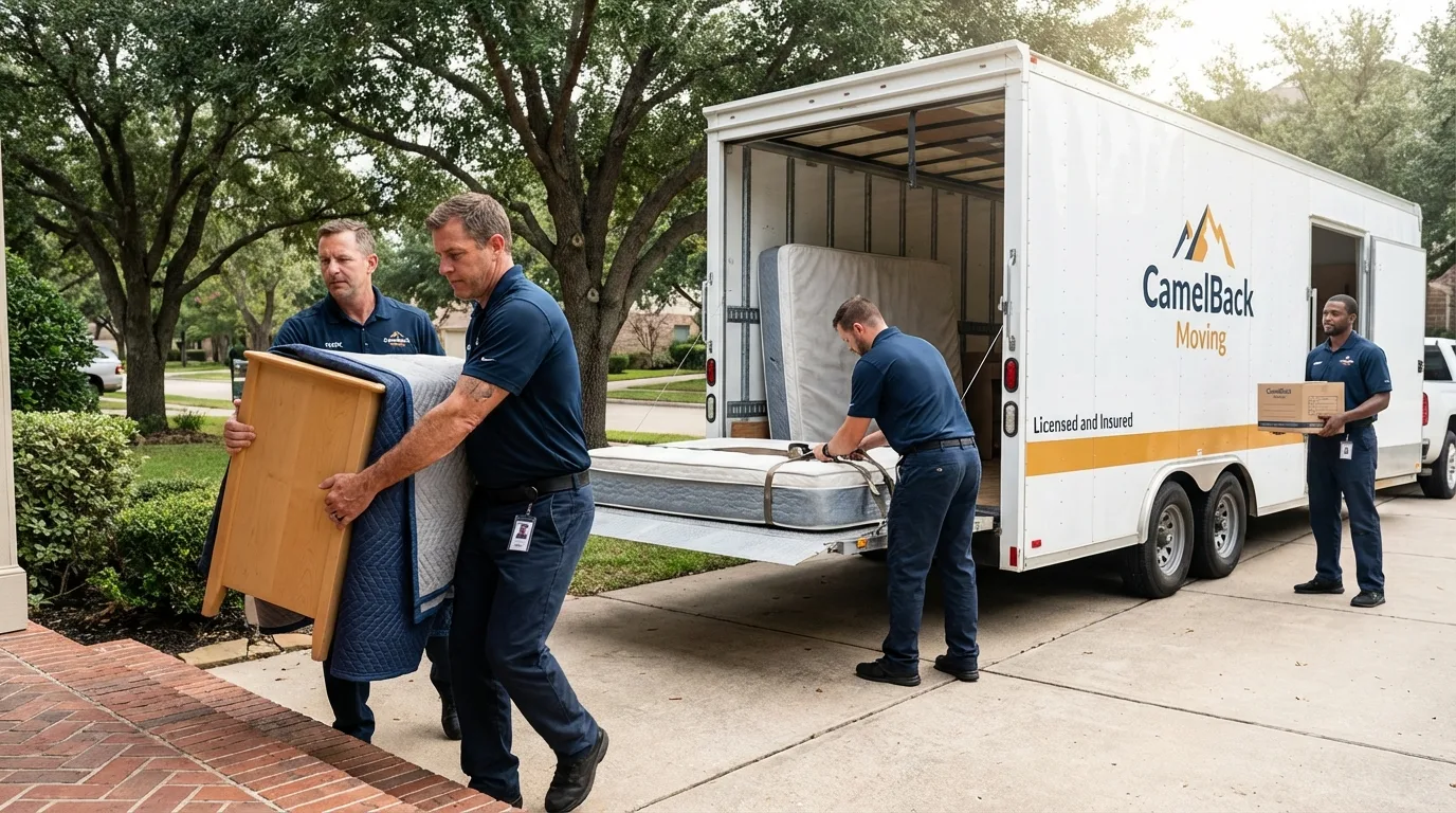 Crew loading residential truck for cross-state move from Paradise, CA