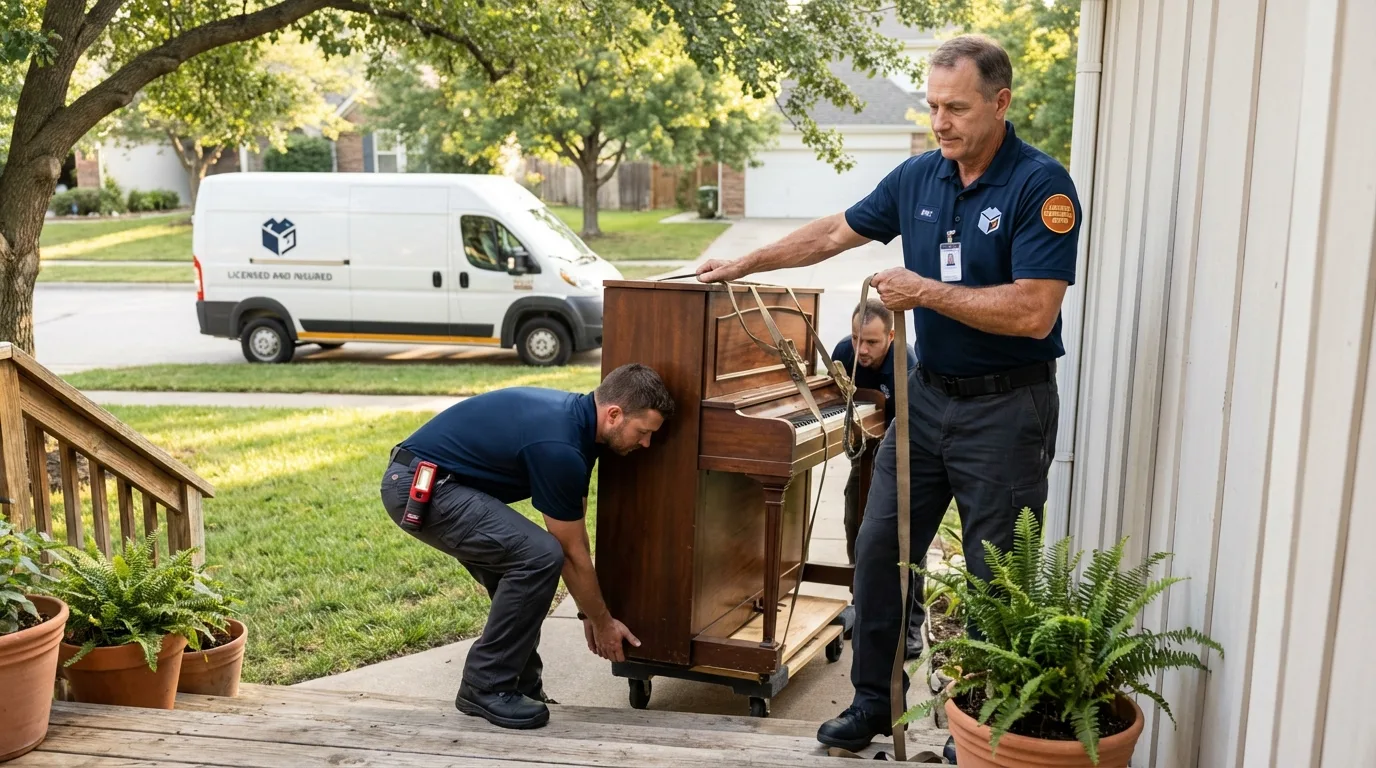 Licensed piano movers securing grand piano in Paradise, CA