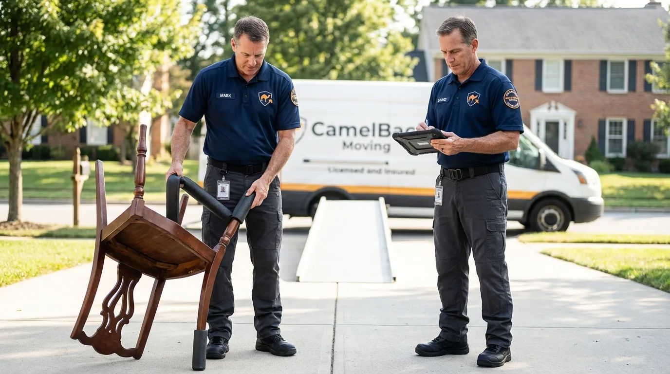 Movers inspecting furniture for damage prevention before loading in Paradise, CA