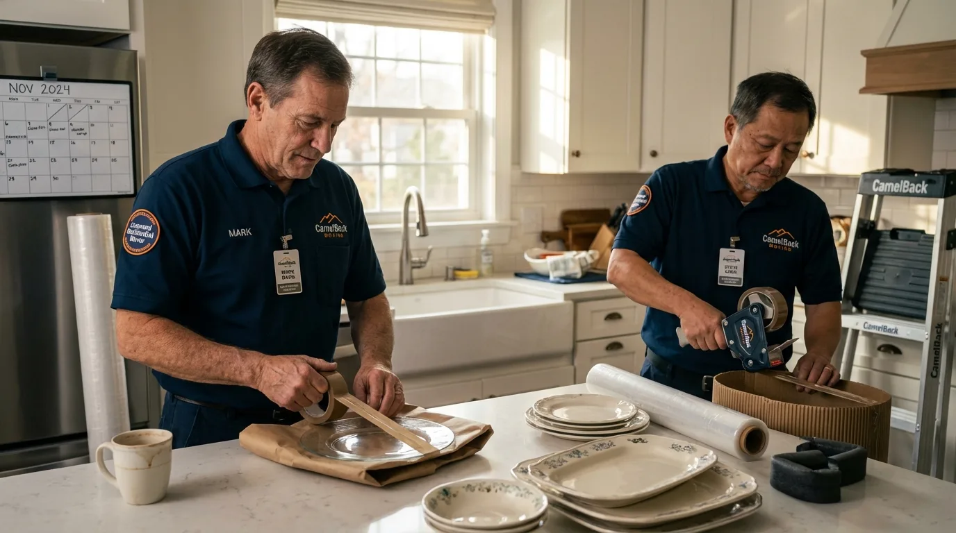 Professional crew packing kitchen dishware in Paradise, CA